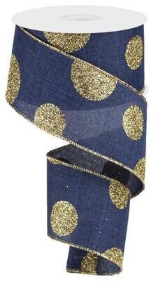 2.5” Navy Blue w/Gold Glitter Large Dots Wired Ribbon