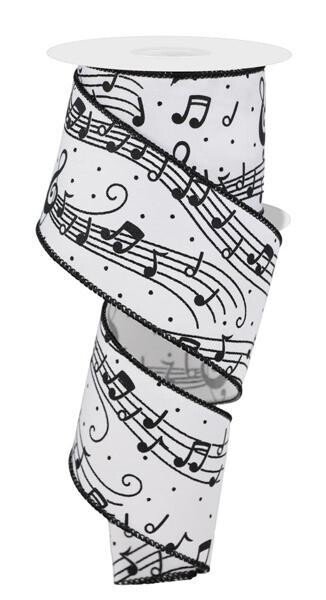 2.5” White w/Black Musical music Notes Wired Ribbon, name: white/black