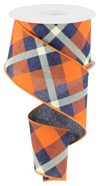 2.5” Navy orange cream diagonal plaid ribbon