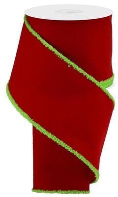 4” Red velvet with lime green chenille drift edge wired ribbon