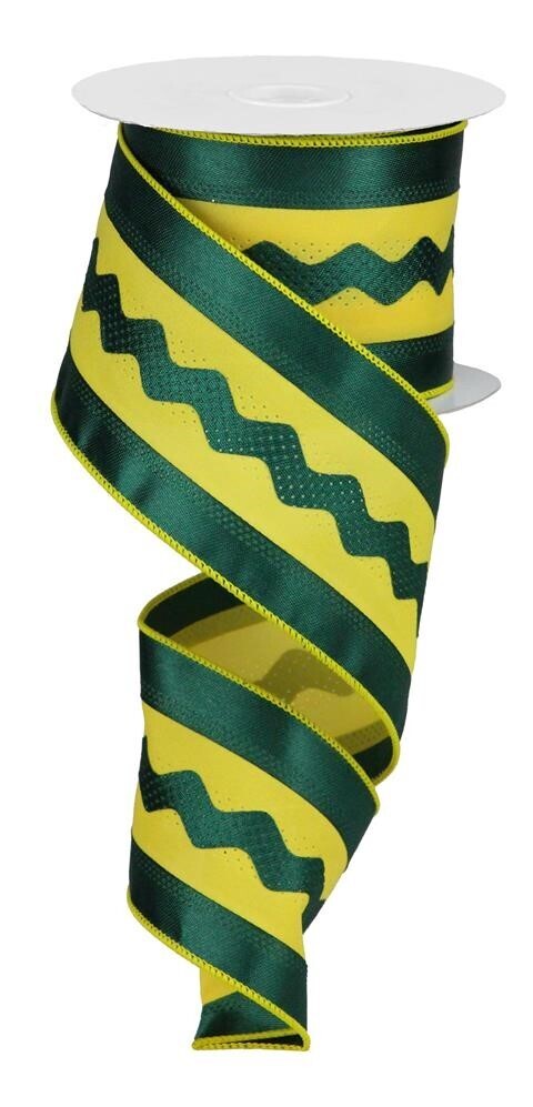 2.5&quot; Green Gold/yellow ric rac satin ribbon