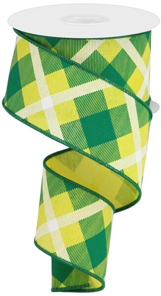 2.5&quot; Green Yellow white diagonal plaid ribbon