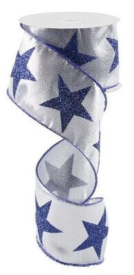 2.5&quot; Silver metallic W/Large Navy glitter stars ribbon (Dallas Cowboys inspired)