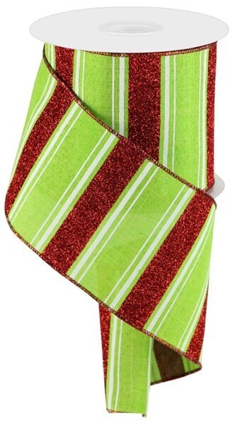 4” multi stripe glitter- lime/red wiredribbon- 10 yards