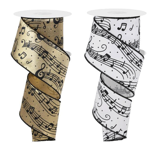 2.5” White w/Black Musical music Notes Wired Ribbon