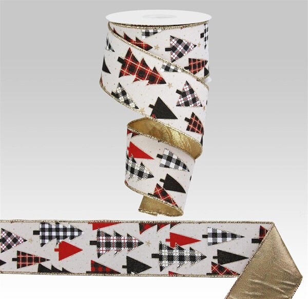 2.5” plaid multi Christmas trees wired ribbon with metallic back