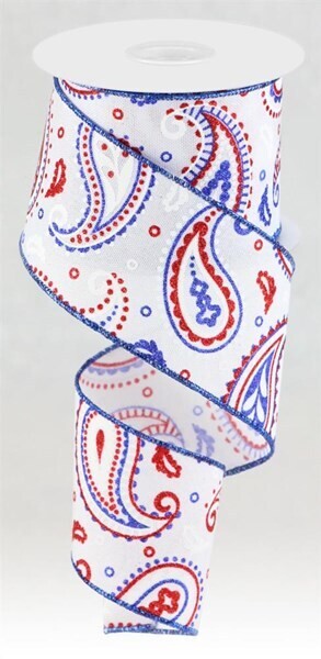 2.5” Red/White/Blue  glitter Paisley wired ribbon
