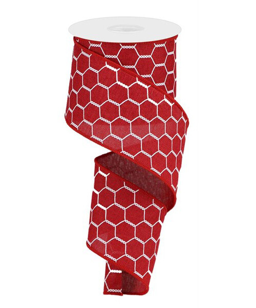 2.5&quot; deep Red with white chicken wire ribbon