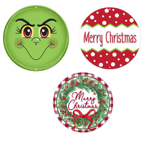 8” round Christmas metal sign- wreath or tree sign