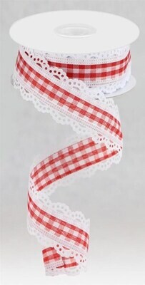 1.5” red gingham with lace edge wired ribbon