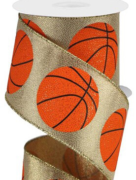 2.5&quot;  Basketballs on gold metallic ribbon