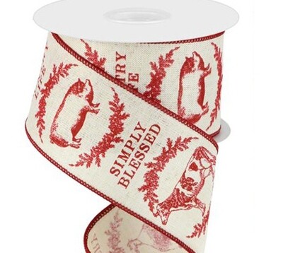 2.5&quot; Red cream farmhouse animals wired ribbon