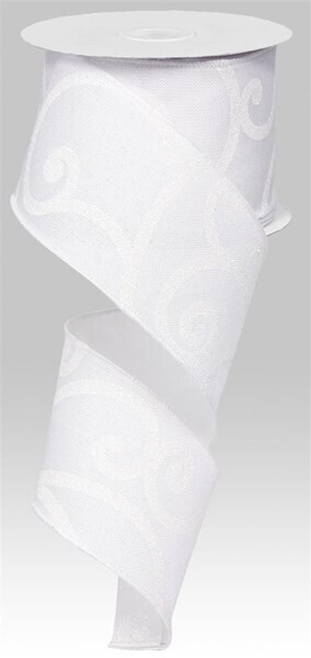 2.5&#39; White glitter bold scroll ribbon