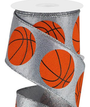 2.5&quot;  Basketballs on silver metallic ribbon