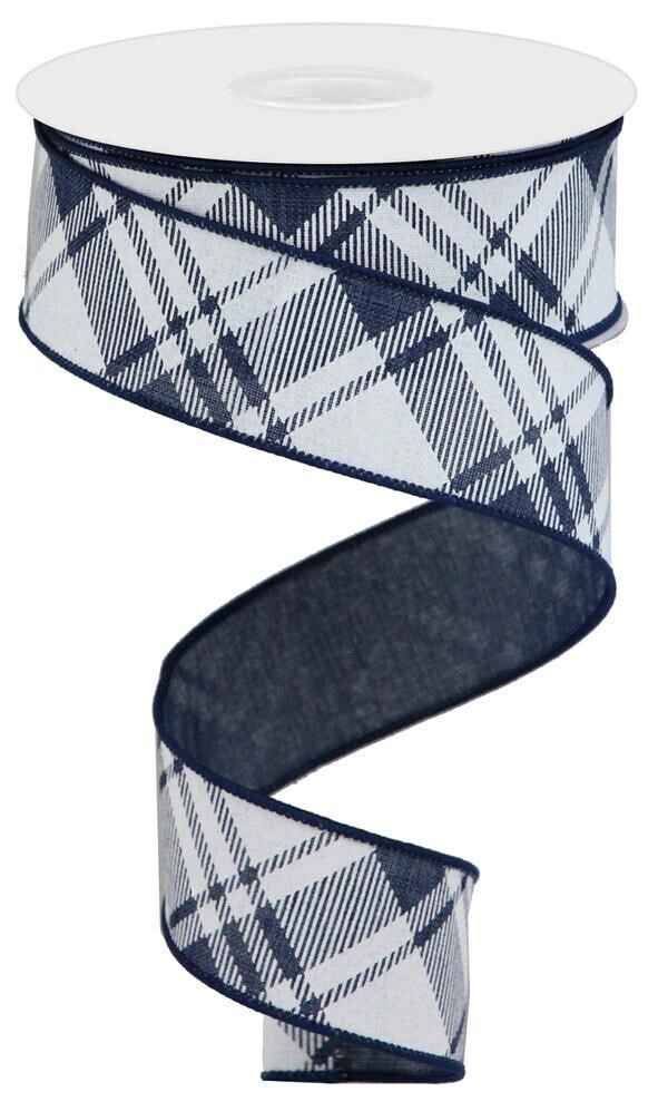 1.5” navy/white diagonal multi plaid ribbon