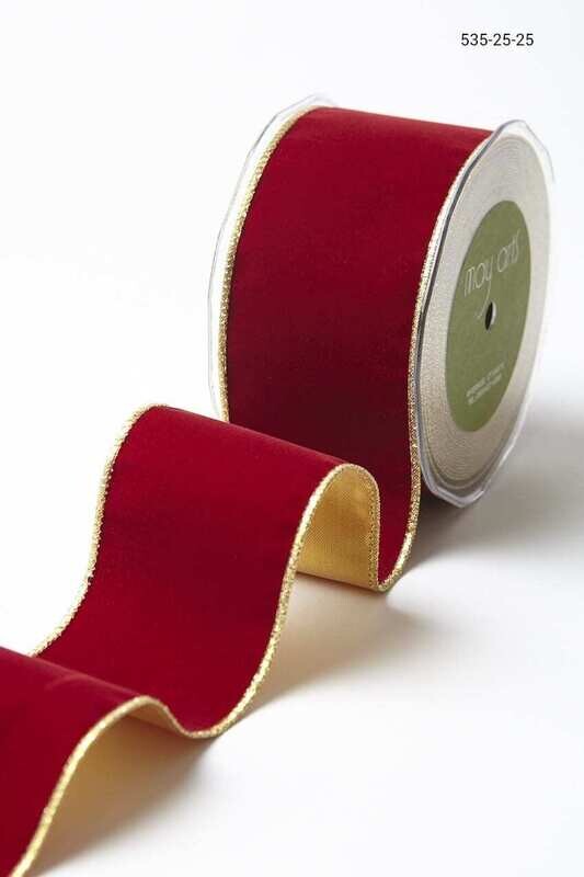 2.5” Farrisilk 2 Tone Red w/Gold Trim Velvet Wired Ribbon