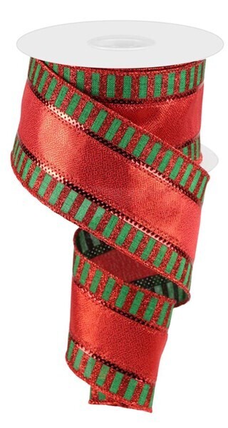 2.5” red metallic with red/green striped border wired ribbon