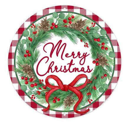 8” round Christmas metal sign- wreath or tree sign, name: merry Christmas wreath