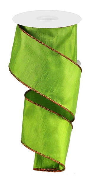 2.5” shimmering Lime green Dupioni with red stitched edge wired ribbon