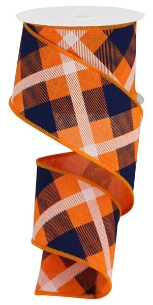 2.5" Orange Navy white diagonal plaid ribbon