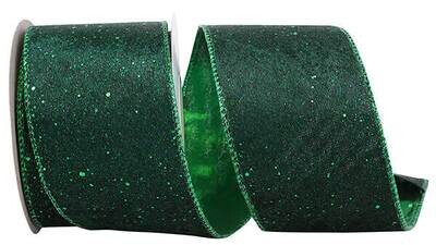 2.5” Green Velvet Plush Glitter Wired Ribbon