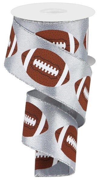 2.5&quot; Footballs on silver metallic ribbon