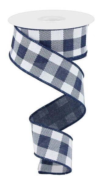 1.5&quot; Navy blue white large gingham check ribbon