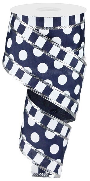 2.5&quot; navy white dots &amp; stripes with silver metallic wired ribbon