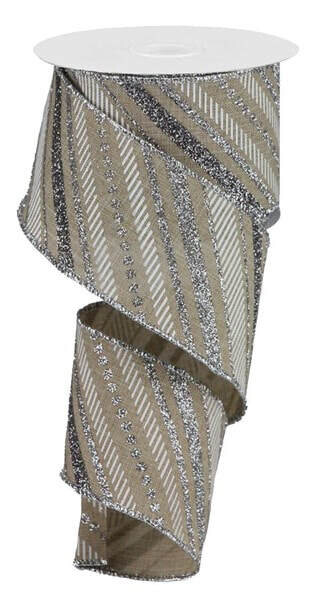 2.5” diagonal stripe natural with silver glitter wired ribbon