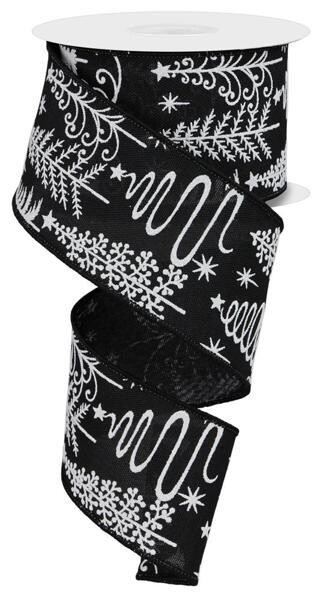 2.5” black with white glitter Christmas trees on burlap wired ribbon