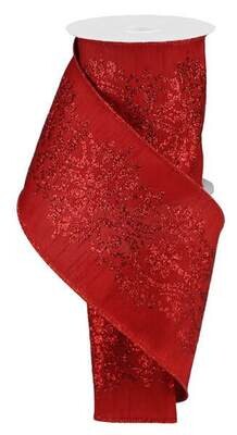 4” Luxurious center red glitter Dupioni silk Wired ribbon