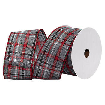 2.5” Trend grey/red plaid wired ribbon
