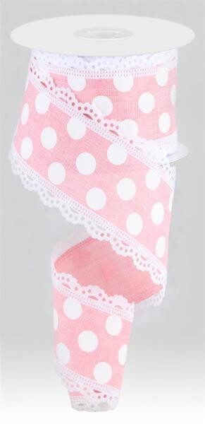 2.5” pink white dots with lace edge wired ribbon