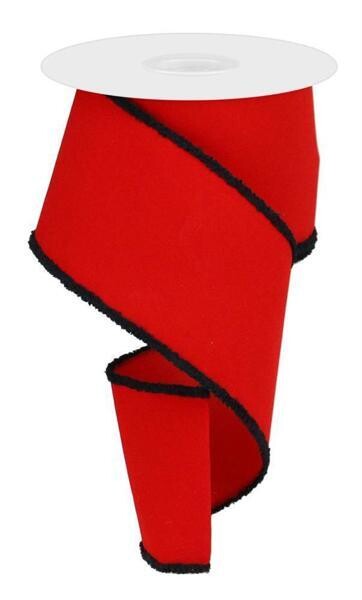 4” Red velvet with black chenille drift edge wired ribbon