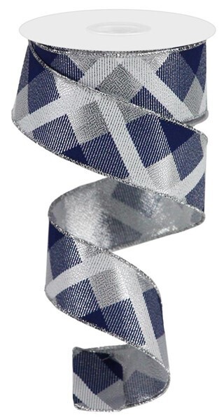 1.5&quot; Navy Silver metallic plaid ribbon