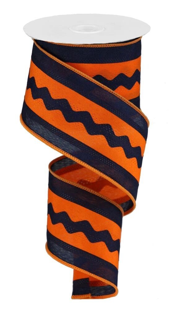 2.5&quot; Navy Orange ric rac satin ribbon