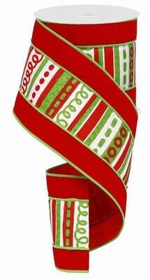 4” red/lime green swirly stripes wired ribbon