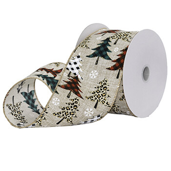 2.5” plaid &amp; leopard Christmas trees on natural wired ribbon