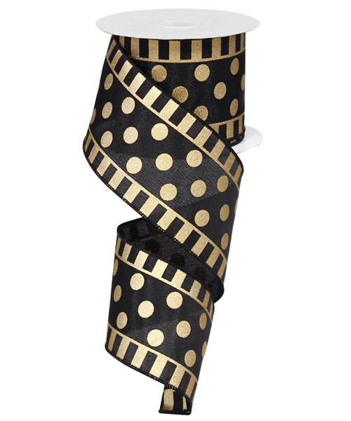 2.5" Dots and Stripes Black/Gold metallic satin ribbon