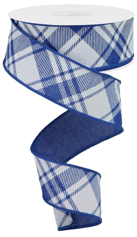 1.5&quot; Royal blue white diagonal multi plaid ribbon