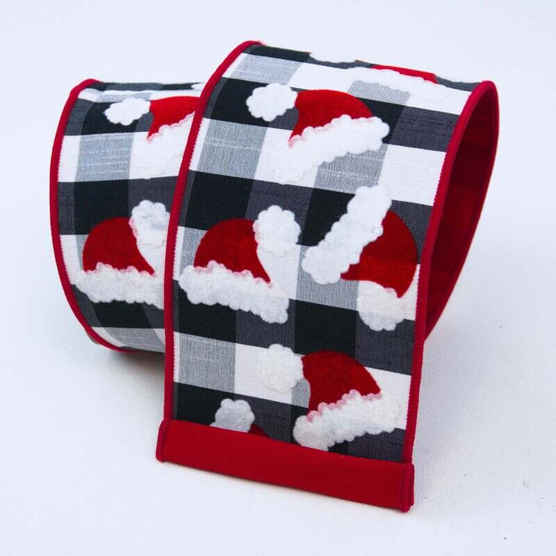 4” Farrisilk Black and White Check w/Santa Hats Wired Ribbon