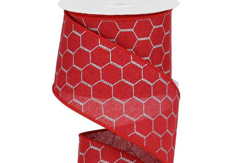 2.5&quot; Red Silver chicken wire ribbon