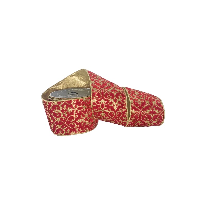 4” Mini Acanthus Red/Gold Wired Ribbon