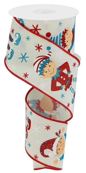 2.5”glitter Elves red/turquoise/white wired ribbon