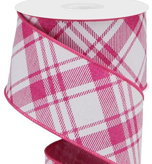 2.5&quot; fuchsia pink white diagonal multi plaid ribbon