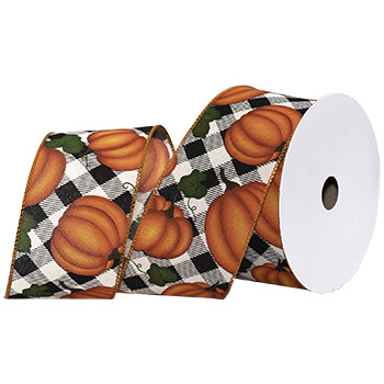 2.5” fall pumpkins with black/white diagonal plaid wired ribbon