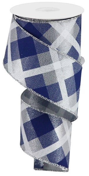 2.5&quot; Navy Silver metallic plaid ribbon