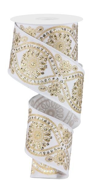 2.5” White w/Gold Wavy Floral Wired Ribbon, name: Regular