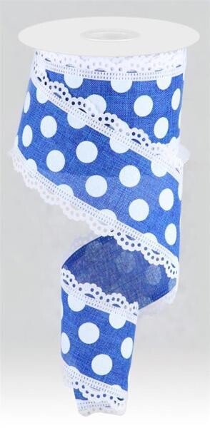 2.5” royal blue white dots with lace edge wired ribbon