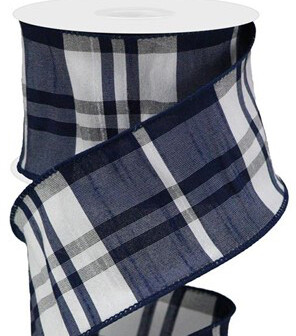 2.5&quot; Navy white plaid faux Dupioni ribbon